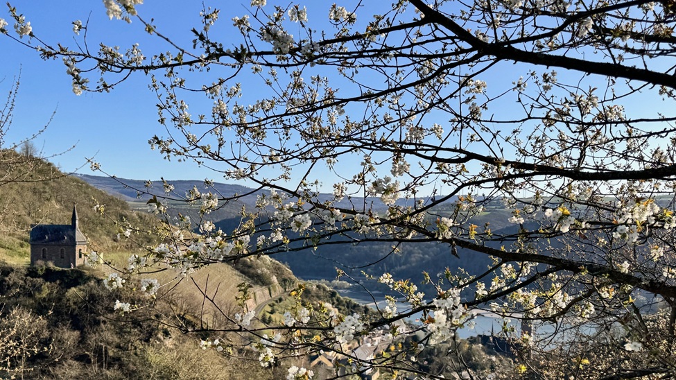 Schon im März kommen Wanderer auf ihre Kosten und genießen die ersten warmen Sonnenstrahlen im Rheingau. Foto: Clemenskapelle Lorchhausen, Müsel@HotelImSchulhaus